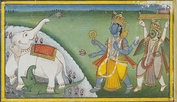 Rajastani miniature from Bundi, 18th century, Lord Krishna pursuing elephant, 5.5cm x 9.5cm. Condition - fair